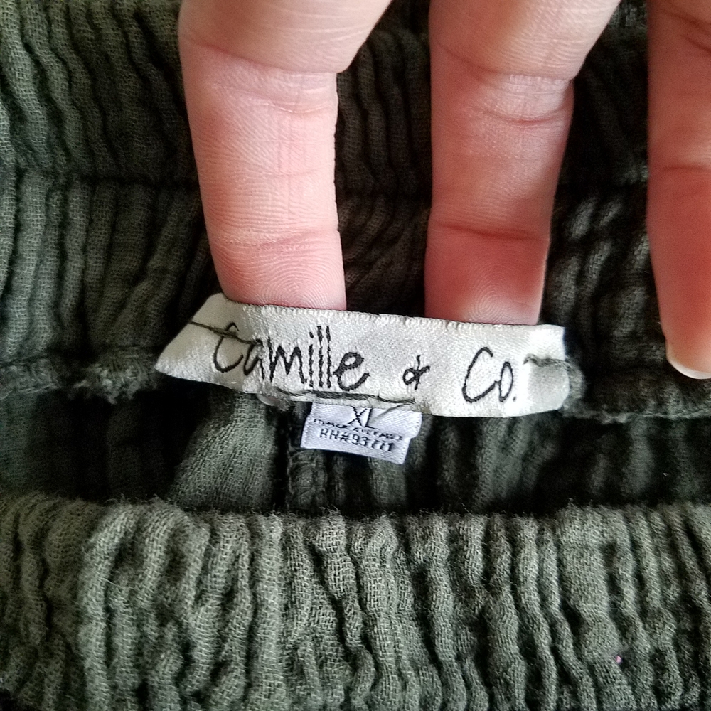 Camille & Co Gauzy Cotton Green Burn Out Ruffle Hem Wide Leg Pants XL - Picture 10 of 12
